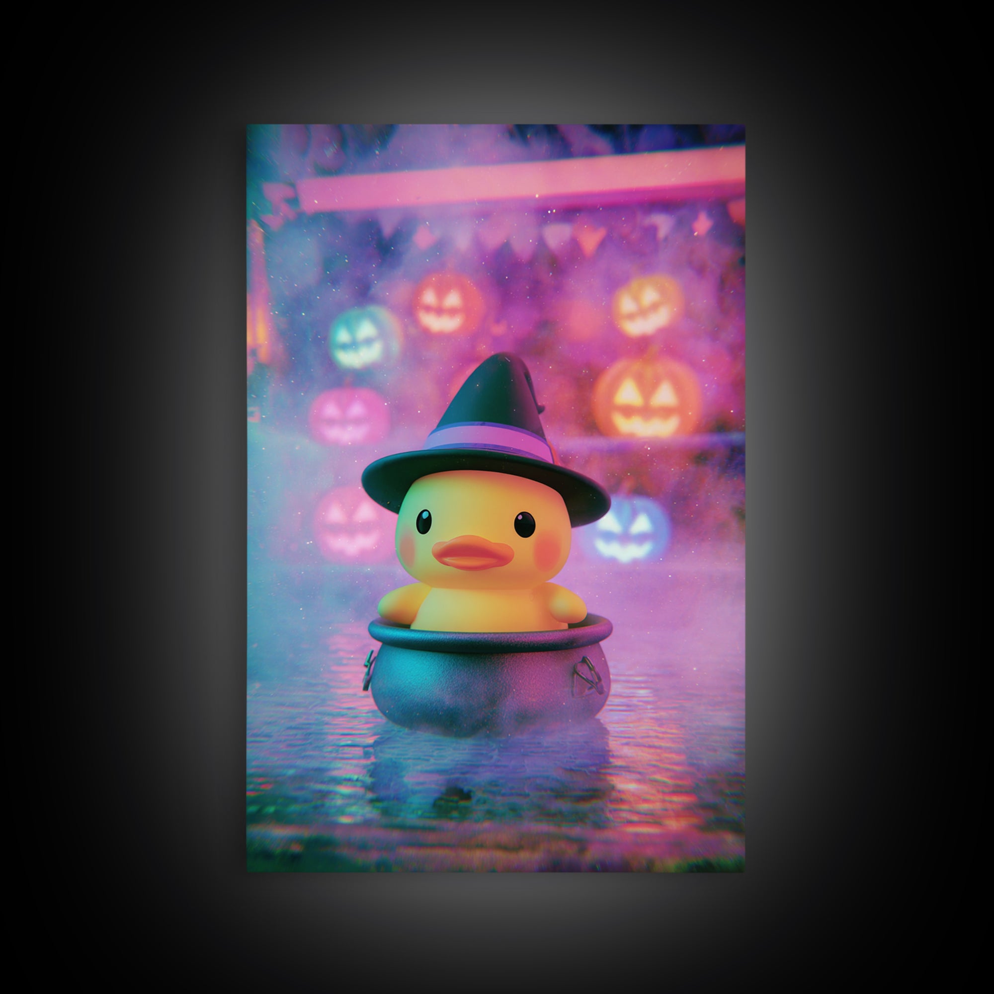 The Duckling Witch, Cute Spooky Neon Art, Vertical Wall Art, Canvas Print, Retro Halloween Decor, Neon Wall Art, Gothic Home Decor