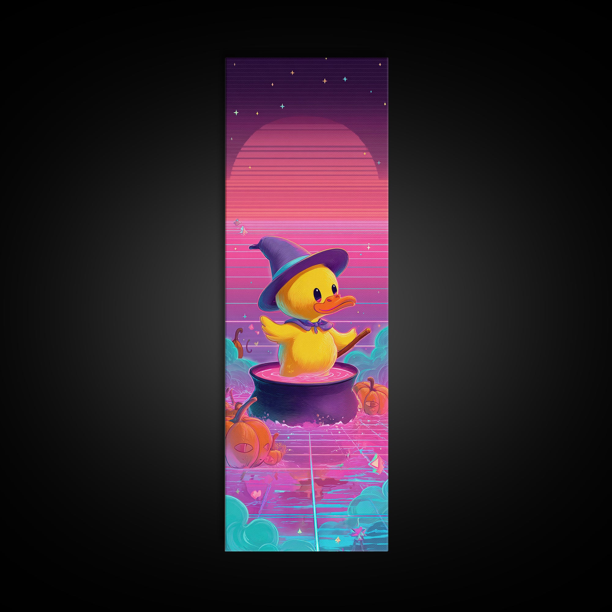 The Duckling Witch, Synthwave Halloween Art, Tall Narrow Wall Art, Canvas Print, Retro Halloween Decor, Neon Wall Art, Halloween Wall Art