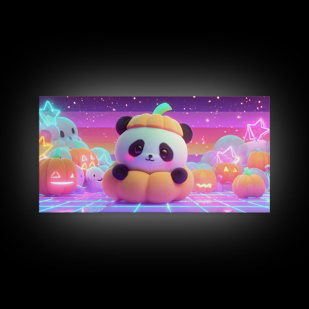 The Panda Pumpkin, 80s Halloween Wall Art, Wide Panoramic Art, Framed Canvas Print, Retro Halloween Decor, Neon Wall Art, Dark Fantasy Art