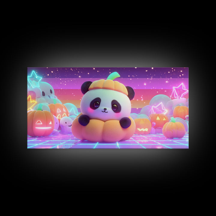 The Panda Pumpkin, 80s Halloween Wall Art, Wide Panoramic Art, Framed Canvas Print, Retro Halloween Decor, Neon Wall Art, Dark Fantasy Art