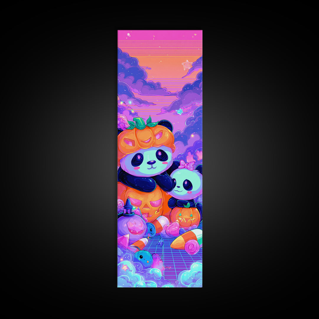 The Panda Pumpkin, 80s Halloween Wall Art, Tall Narrow Wall Art, Framed Canvas Print, Retro Halloween Decor, Neon Wall Art