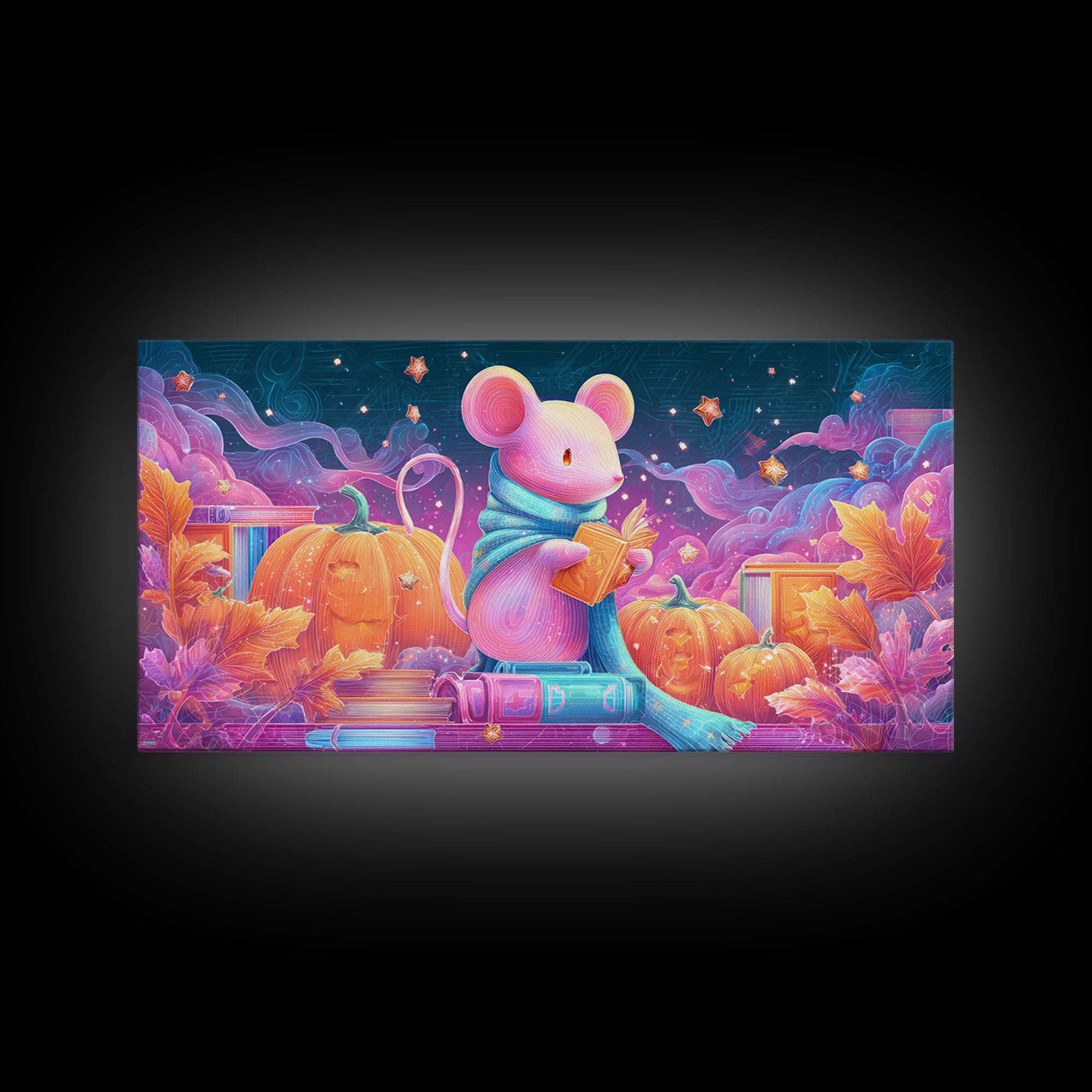 The Magician Mouse, 80s Halloween Wall Art, Wide Panoramic Art, Canvas Print, Retro Halloween Decor, Neon Wall Art, Dark Fantasy Art