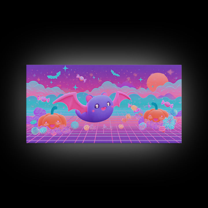 The Bat-Winged Otter, 80s Halloween Wall Art, Wide Panoramic Art, Framed Canvas Print, Retro Halloween Decor, Neon Wall Art