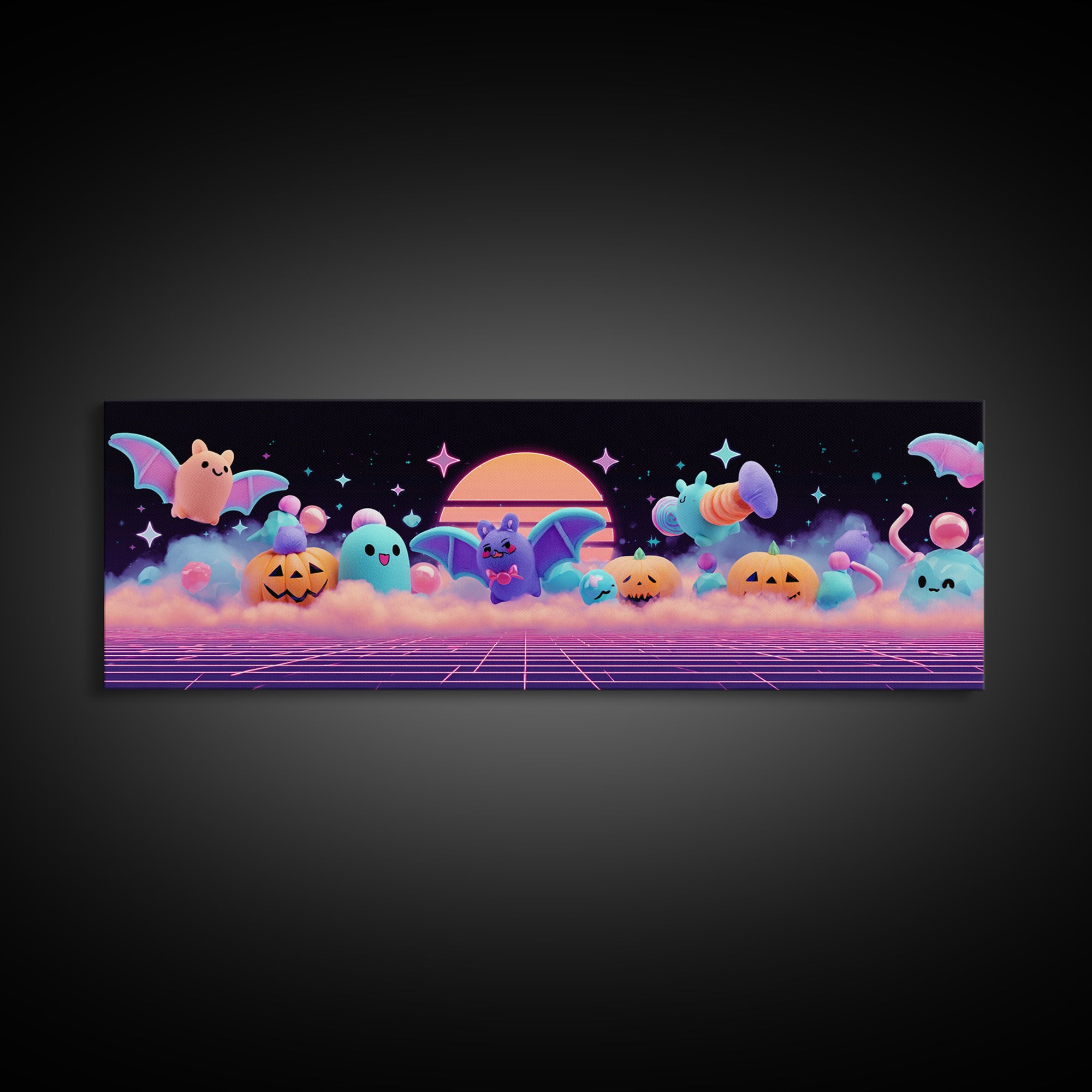 The Bat-Winged Otter, Vaporwave Halloween Decor, Extra Wide Wall Art, Canvas Print, Retro Halloween Decor, Neon Wall Art, Spooky Wall Decor