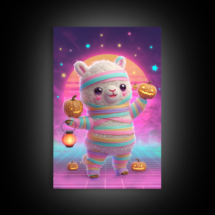 The Llama Mummy, Cute Spooky Neon Art, Vertical Wall Art, Framed Canvas Print, Retro Halloween Decor, Neon Wall Art, Macabre Wall Art