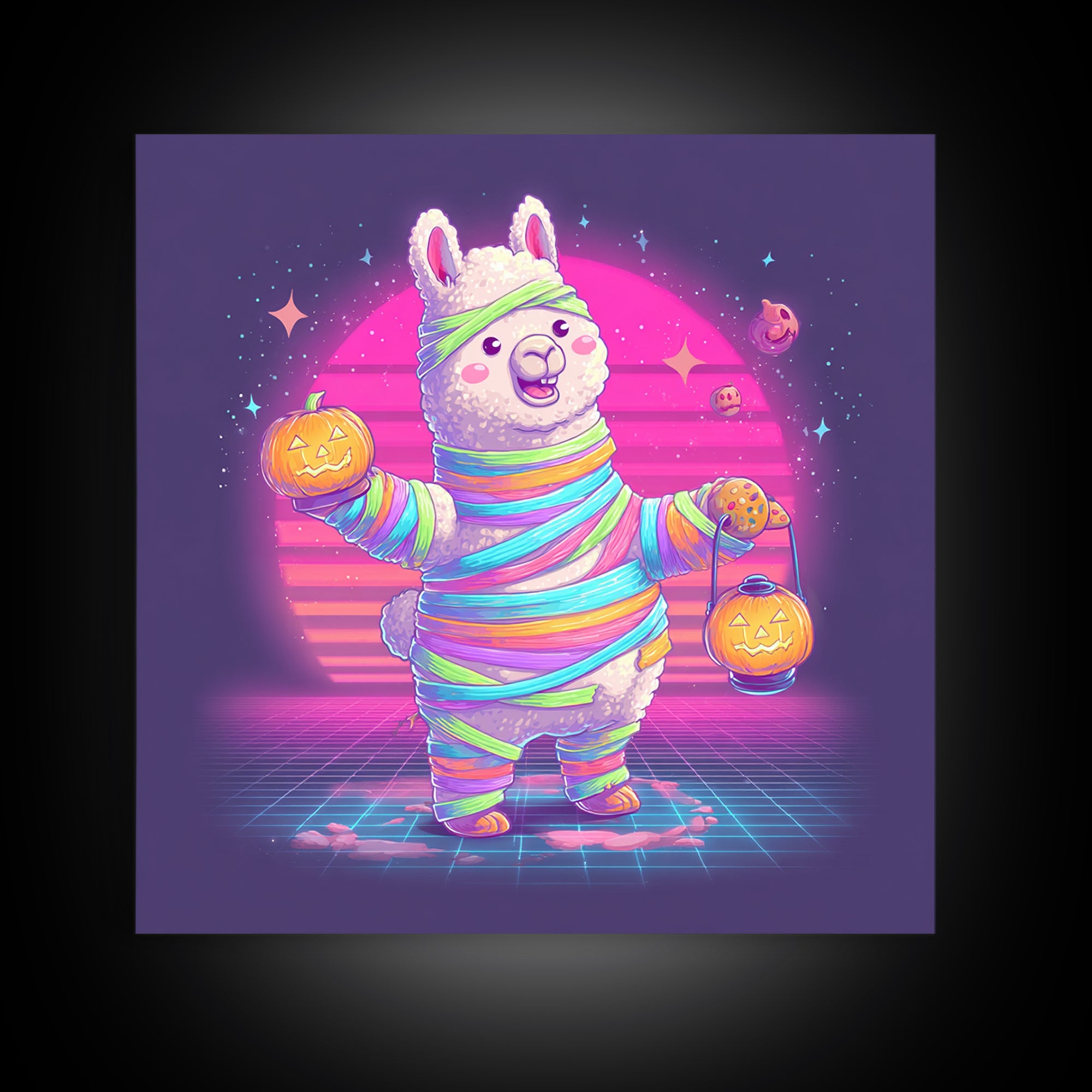 The Llama Mummy, Synthwave Halloween Art, Square Wall Art, Framed Canvas Print, Retro Halloween Decor, Neon Wall Art, Collectible Wall Decor