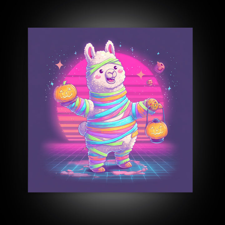 The Llama Mummy, Synthwave Halloween Art, Square Wall Art, Framed Canvas Print, Retro Halloween Decor, Neon Wall Art, Collectible Wall Decor