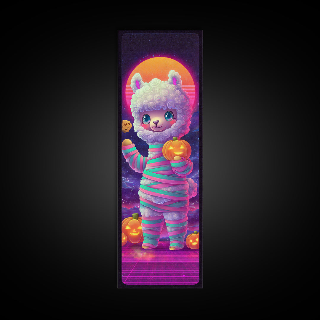 The Llama Mummy, Cute Spooky Neon Art, Tall Narrow Wall Art, Framed Canvas Print, Retro Halloween Decor, Neon Wall Art, Dark Fantasy Art