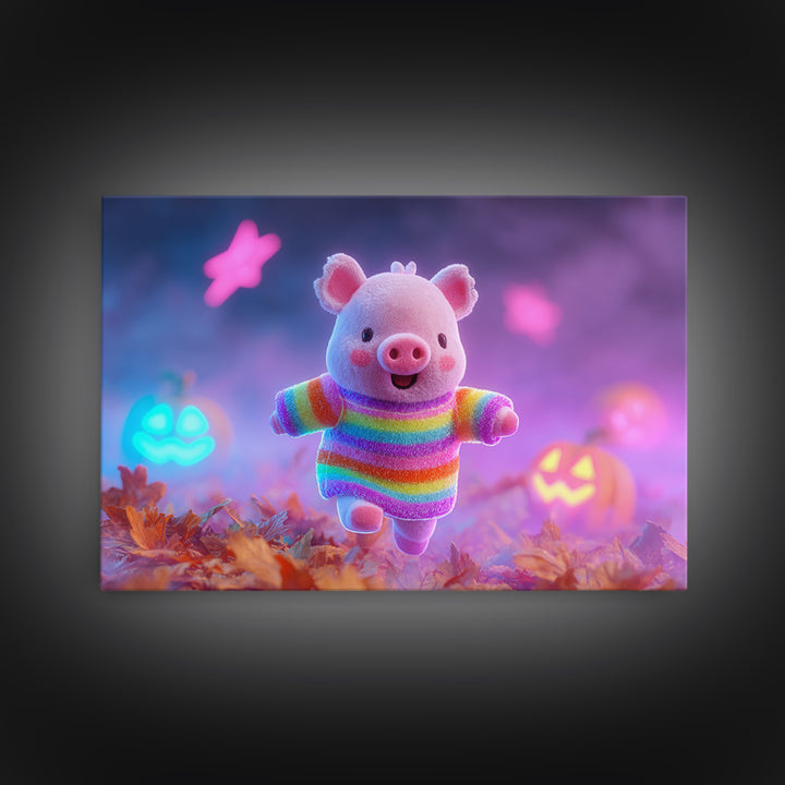 The Candy Corn Piglet, Cute Spooky Neon Art, Landscape Wall Art, Framed Canvas Print, Retro Halloween Decor, Neon Wall Art