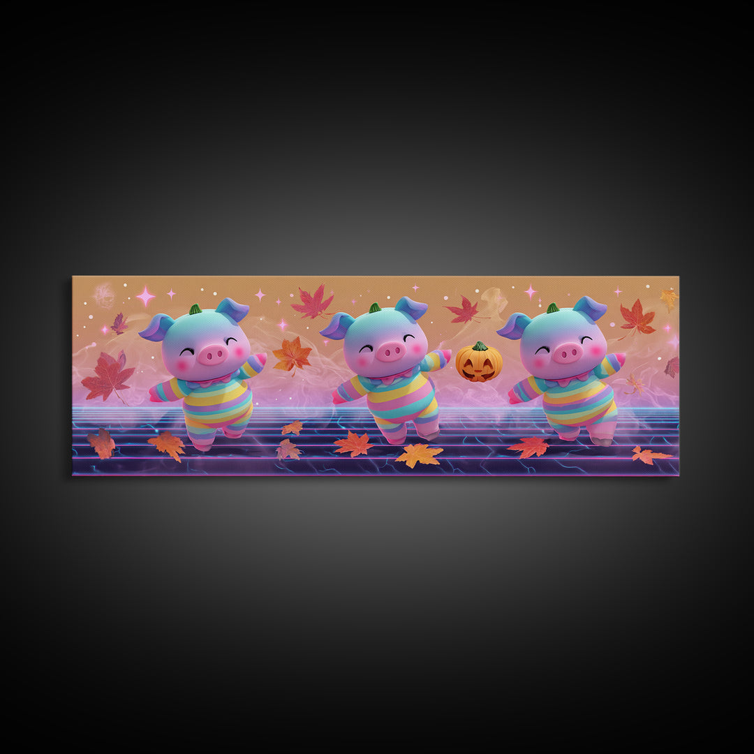 The Candy Corn Piglet, Synthwave Halloween Art, Extra Wide Wall Art, Framed Canvas Print, Retro Halloween Decor, Neon Wall Art