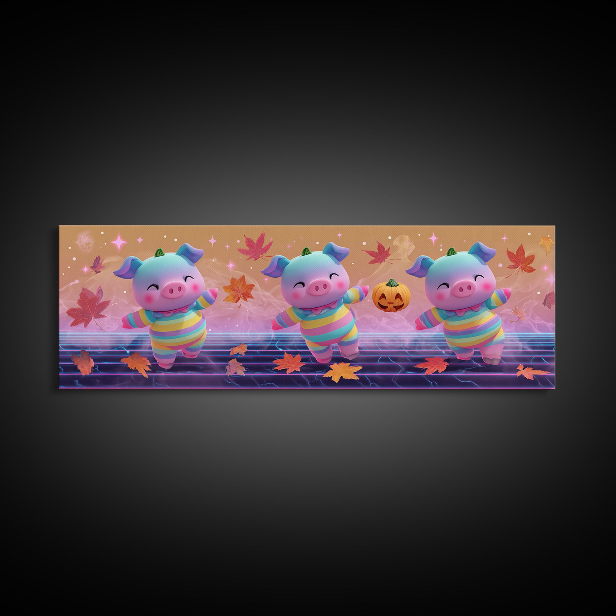 The Candy Corn Piglet, Synthwave Halloween Art, Extra Wide Wall Art, Framed Canvas Print, Retro Halloween Decor, Neon Wall Art