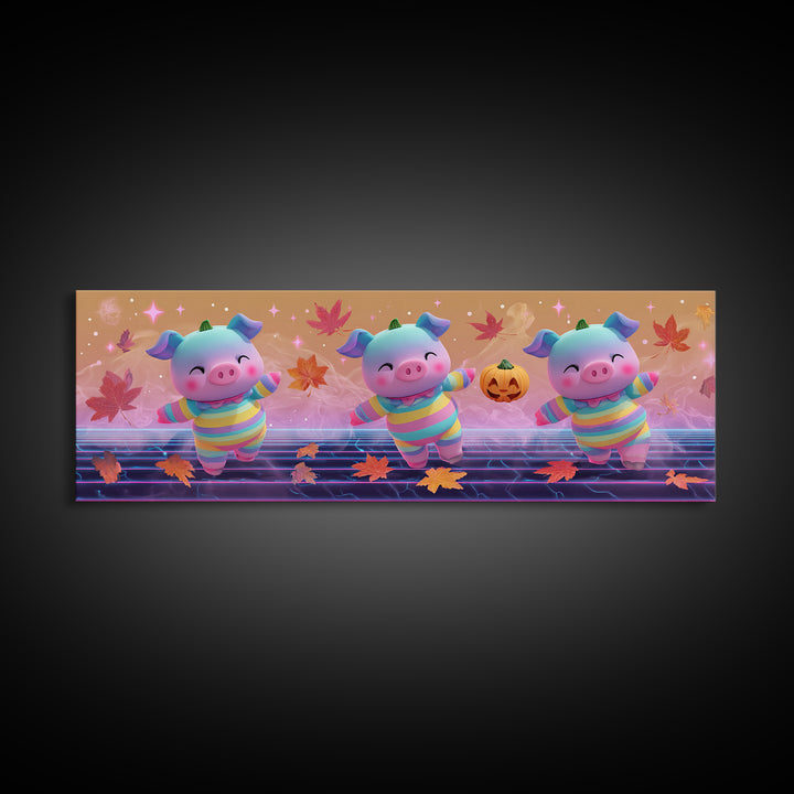 The Candy Corn Piglet, Synthwave Halloween Art, Extra Wide Wall Art, Framed Canvas Print, Retro Halloween Decor, Neon Wall Art