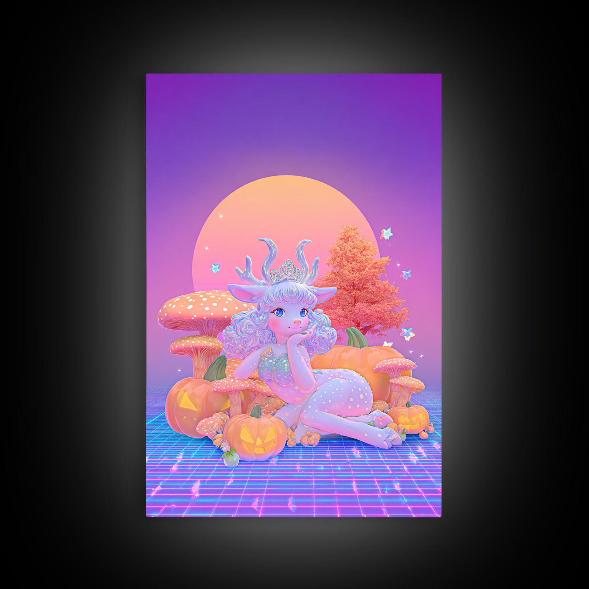 The Moon Princess Deer, Synthwave Halloween Art, Vertical Wall Art, Framed Canvas Print, Retro Halloween Decor, Neon Wall Art