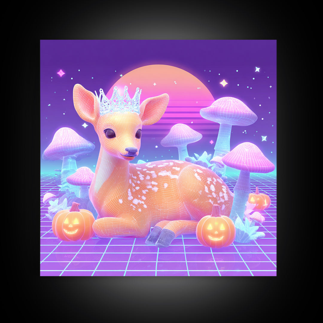 The Moon Princess Deer, 80s Halloween Wall Art, Square Wall Art, Canvas Print, Retro Halloween Decor, Neon Wall Art, Macabre Wall Art