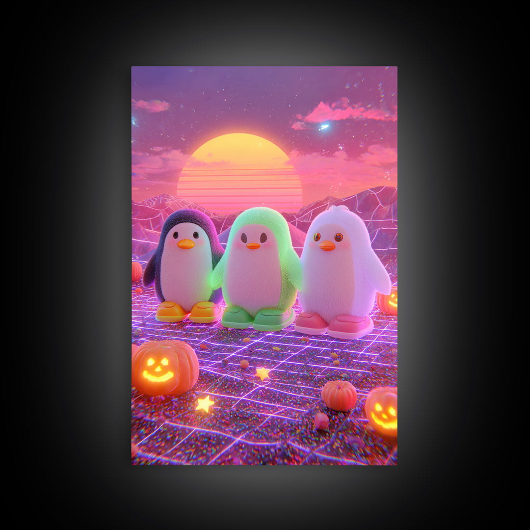 The Penguin Monster, Cute Spooky Neon Art, Vertical Wall Art, Framed Canvas Print, Retro Halloween Decor, Neon Wall Art, Gothic Home Decor