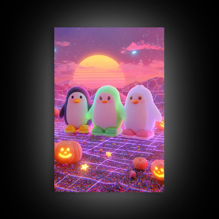 The Penguin Monster, Cute Spooky Neon Art, Vertical Wall Art, Framed Canvas Print, Retro Halloween Decor, Neon Wall Art, Gothic Home Decor