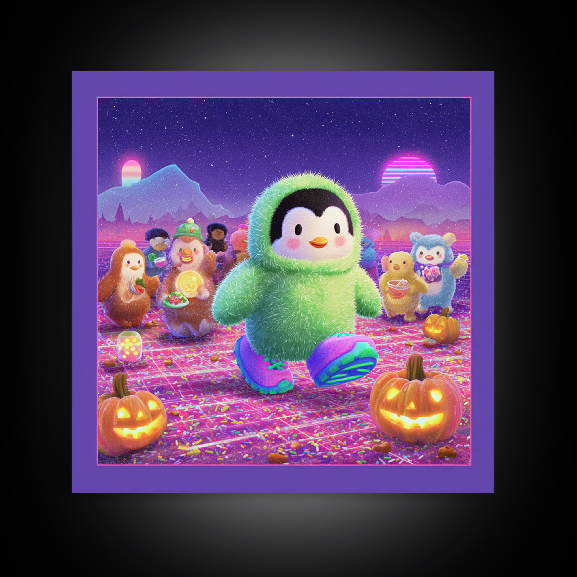 The Penguin Monster, Vaporwave Halloween Decor, Square Wall Art, Canvas Print, Retro Halloween Decor, Neon Wall Art, Gothic Home Decor