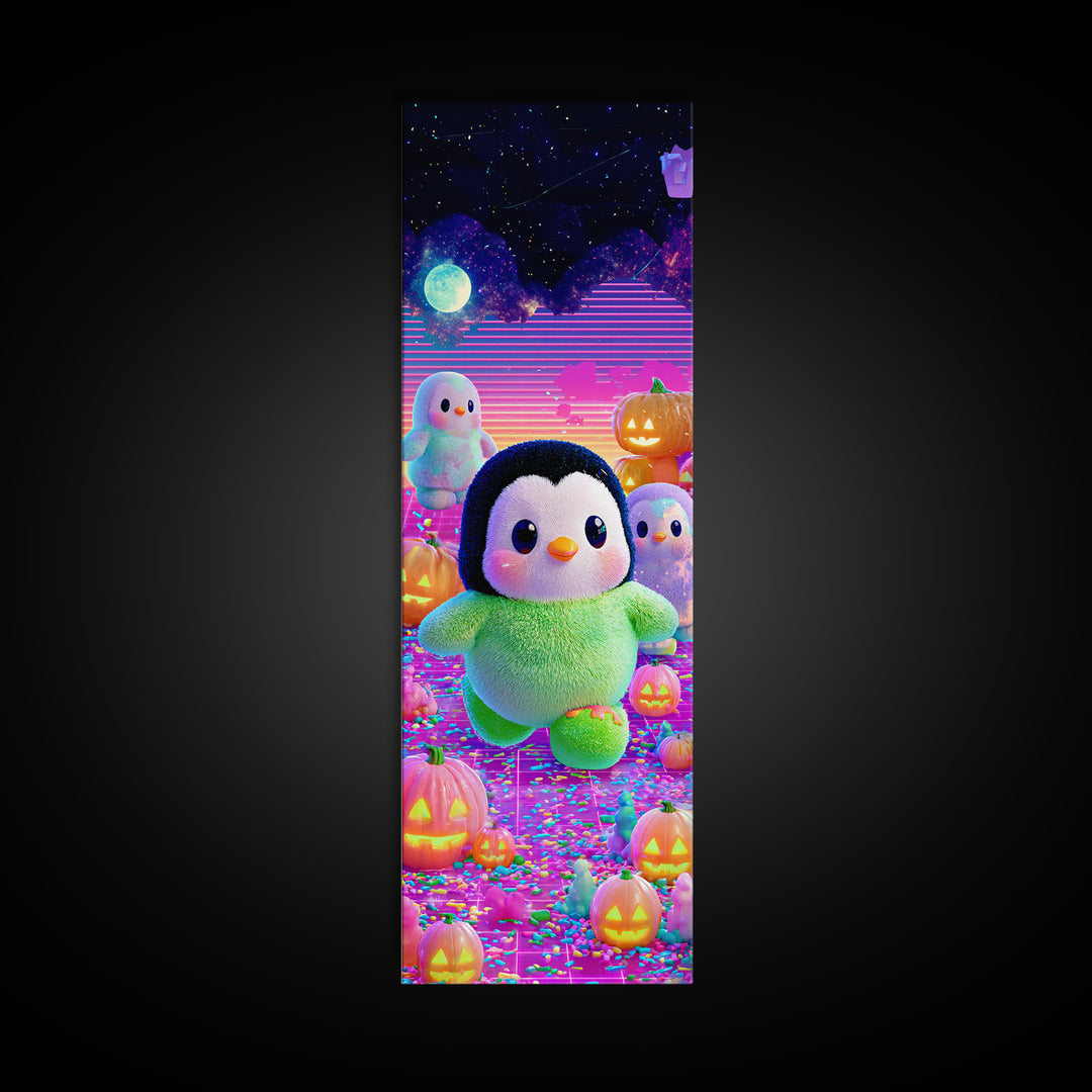 The Penguin Monster, Cute Spooky Neon Art, Tall Narrow Wall Art, Canvas Print, Retro Halloween Decor, Neon Wall Art, Spooky Wall Decor