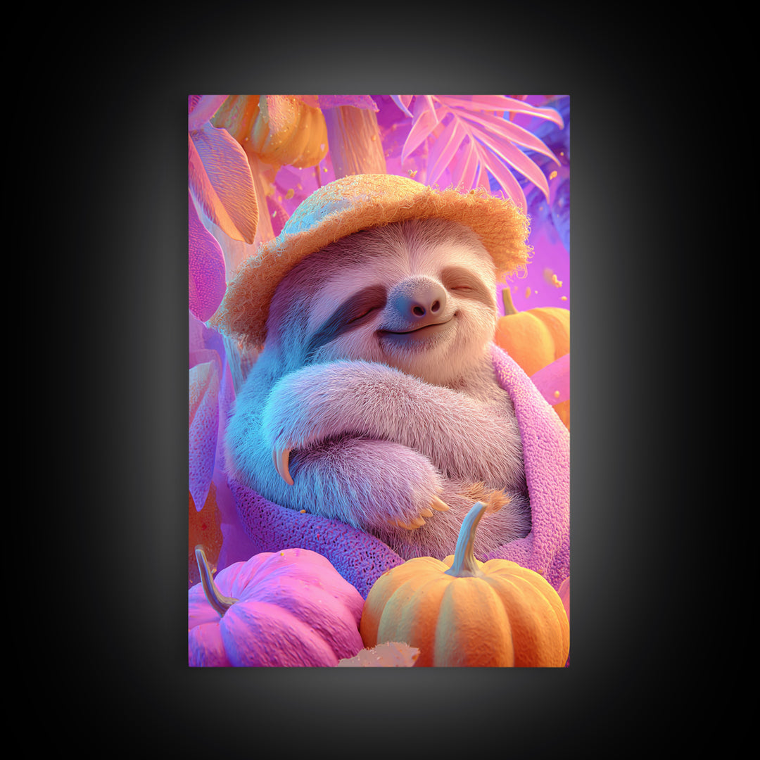 The Scarecrow Sloth, 80s Halloween Wall Art, Vertical Wall Art, Canvas Print, Retro Halloween Decor, Neon Wall Art, Gothic Home Decor