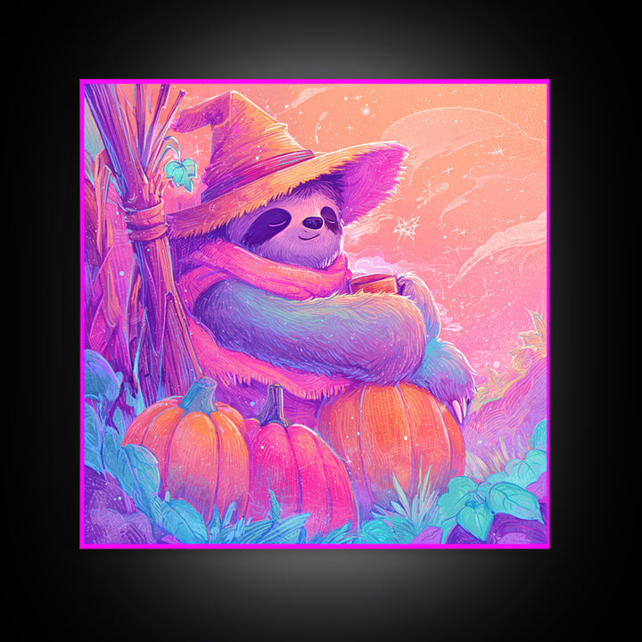The Scarecrow Sloth, Cute Spooky Neon Art, Square Wall Art, Framed Canvas Print, Retro Halloween Decor, Neon Wall Art, Spooky Wall Decor