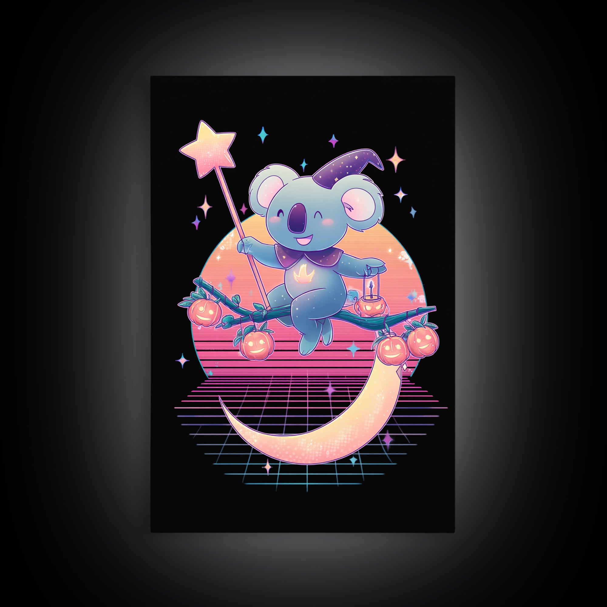 The Koala Wizard, Retro Neon Halloween Art, Vertical Wall Art, Canvas Print, Retro Halloween Decor, Neon Wall Art, Statement Wall Art