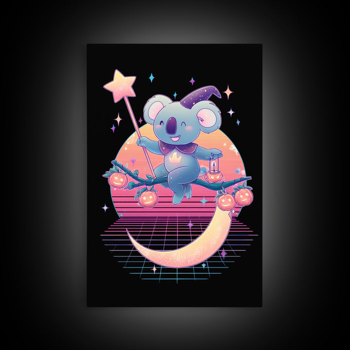 The Koala Wizard, Retro Neon Halloween Art, Vertical Wall Art, Canvas Print, Retro Halloween Decor, Neon Wall Art, Statement Wall Art