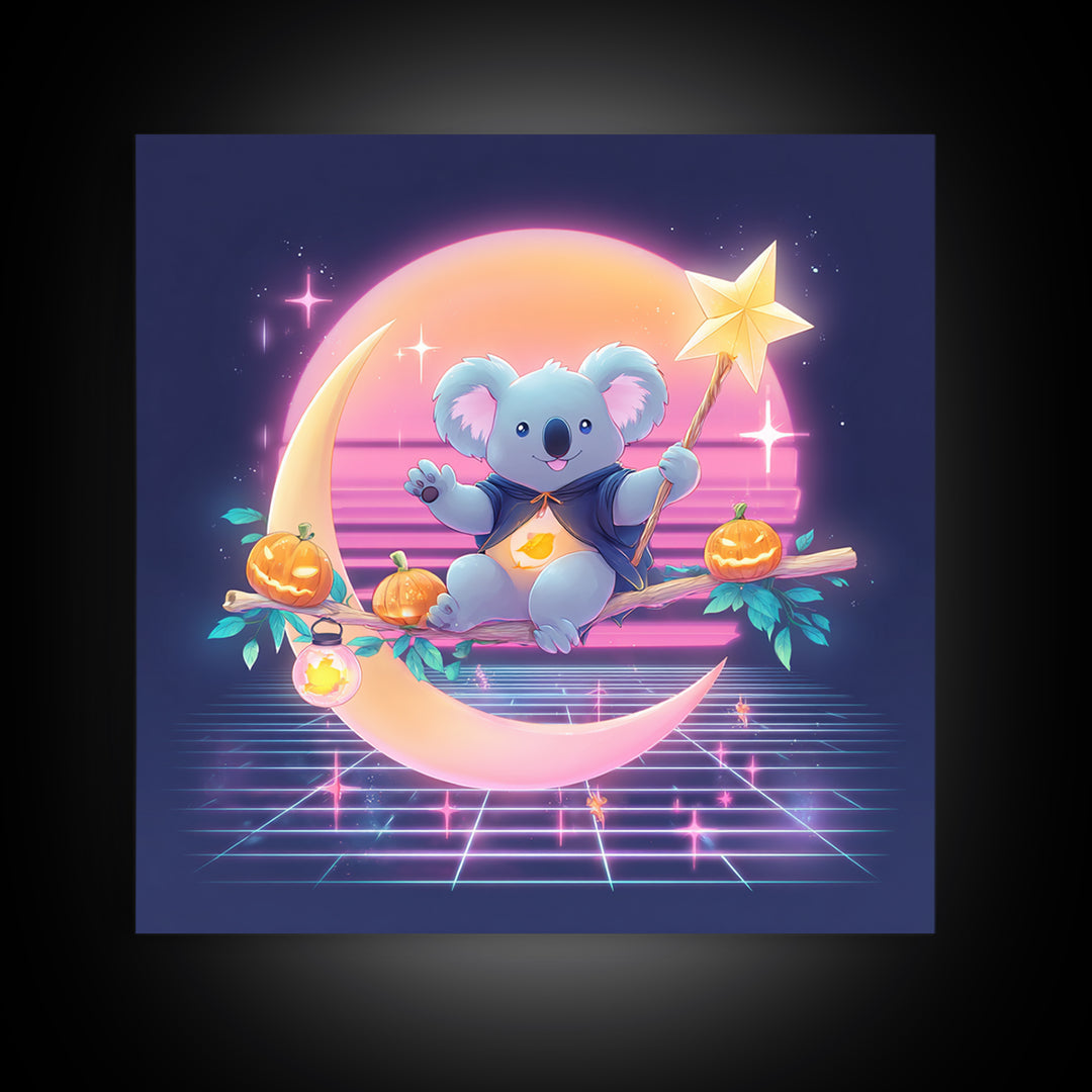 The Koala Wizard, 80s Halloween Wall Art, Square Wall Art, Framed Canvas Print, Retro Halloween Decor, Neon Wall Art, Seasonal Home Decor