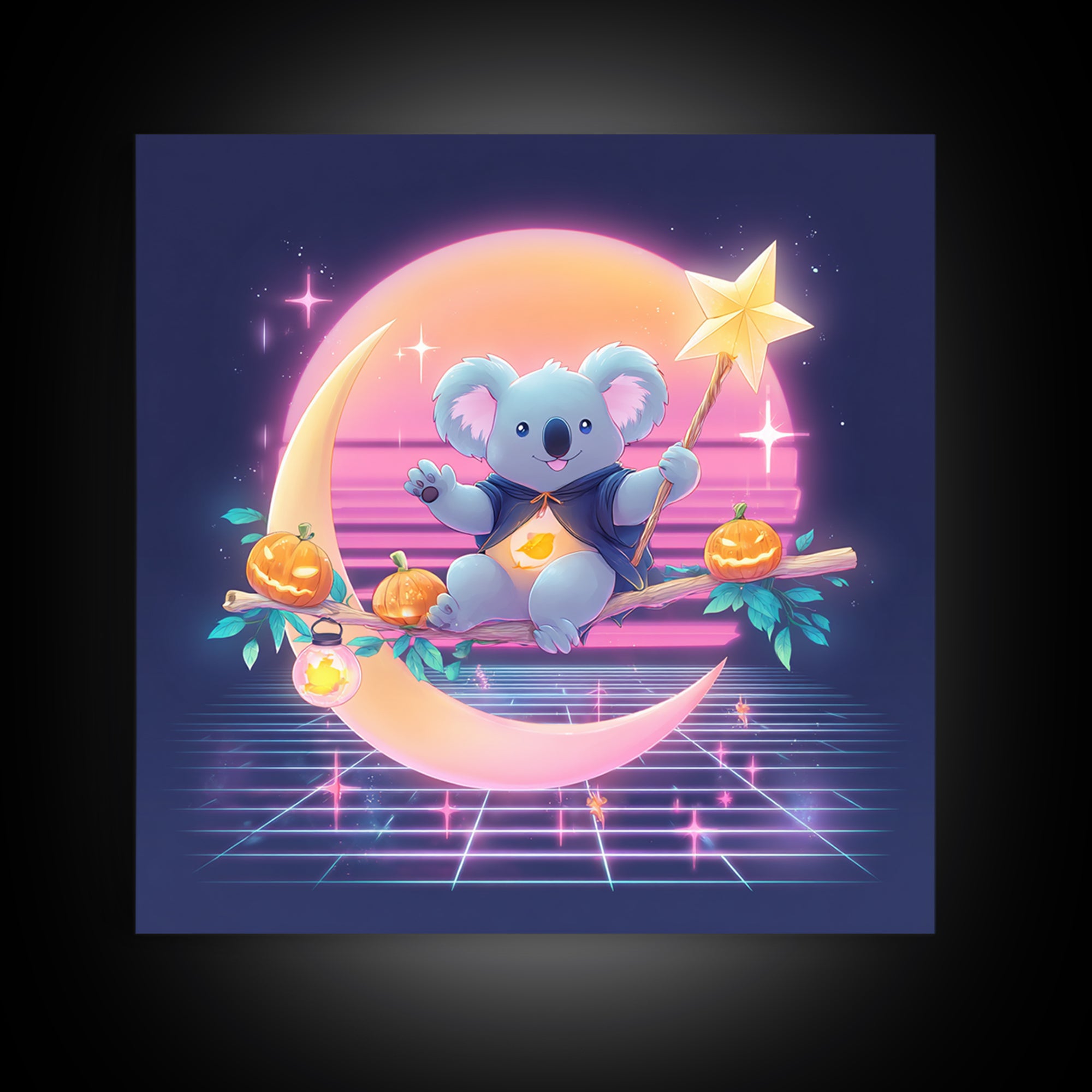The Koala Wizard, 80s Halloween Wall Art, Square Wall Art, Framed Canvas Print, Retro Halloween Decor, Neon Wall Art, Seasonal Home Decor