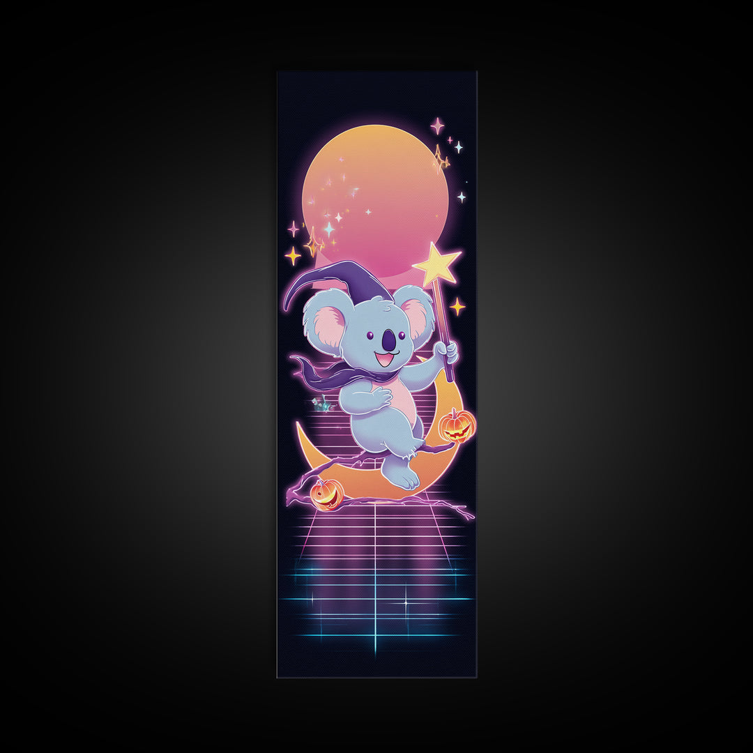 The Koala Wizard, Synthwave Halloween Art, Tall Narrow Wall Art, Canvas Print, Retro Halloween Decor, Neon Wall Art, Spooky Wall Decor