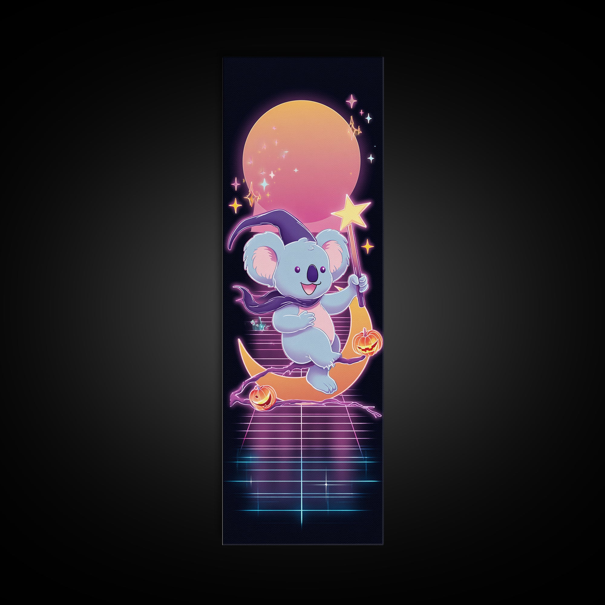 The Koala Wizard, Synthwave Halloween Art, Tall Narrow Wall Art, Canvas Print, Retro Halloween Decor, Neon Wall Art, Spooky Wall Decor