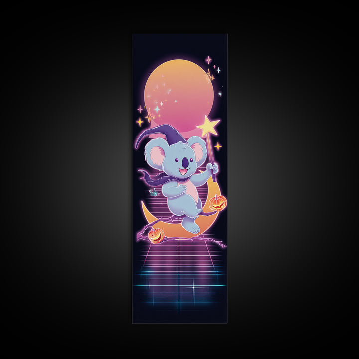 The Koala Wizard, Synthwave Halloween Art, Tall Narrow Wall Art, Canvas Print, Retro Halloween Decor, Neon Wall Art, Spooky Wall Decor