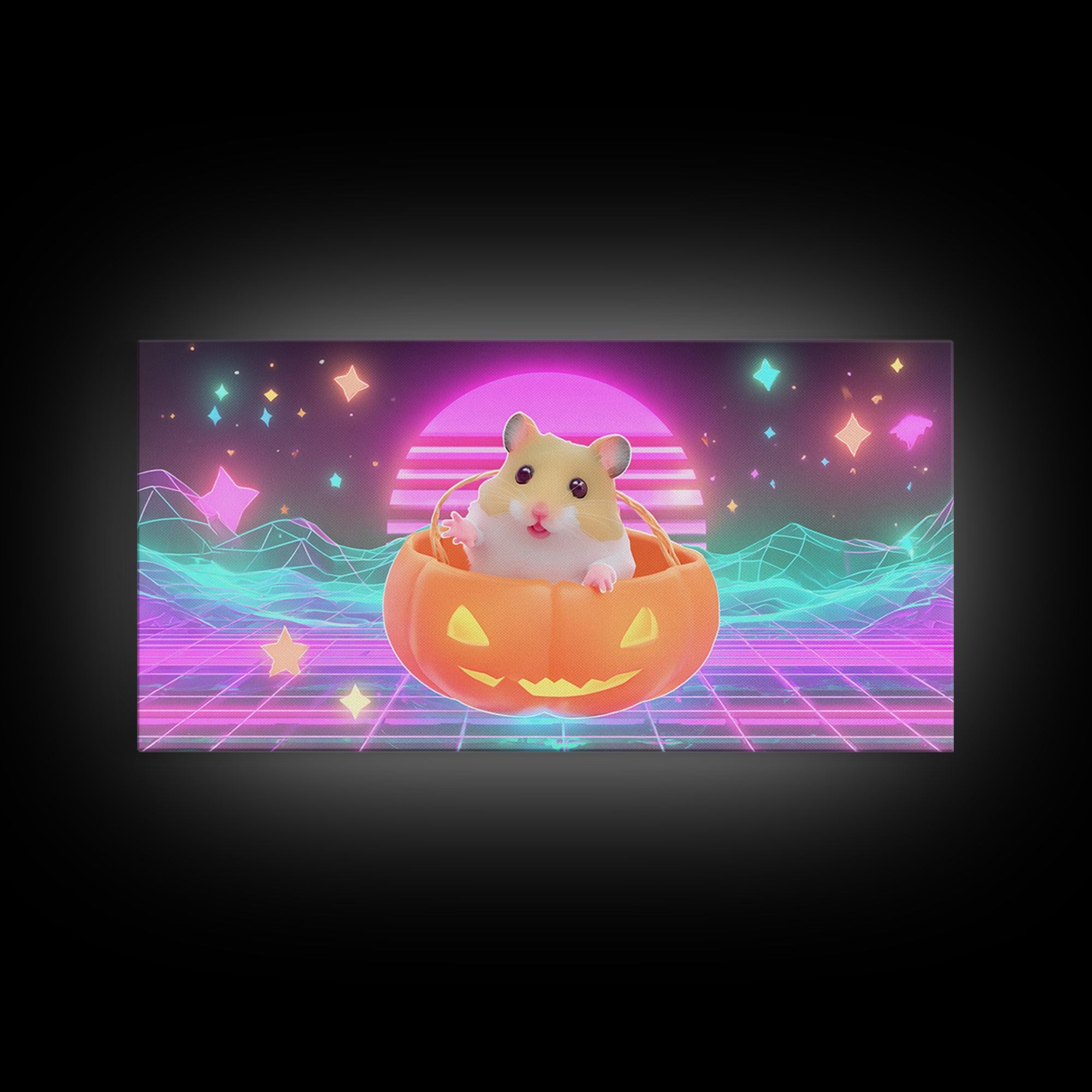 The Pumpkin Hamster, Retro Neon Halloween Art, Wide Panoramic Art, Framed Canvas Print, Retro Halloween Decor, Neon Wall Art