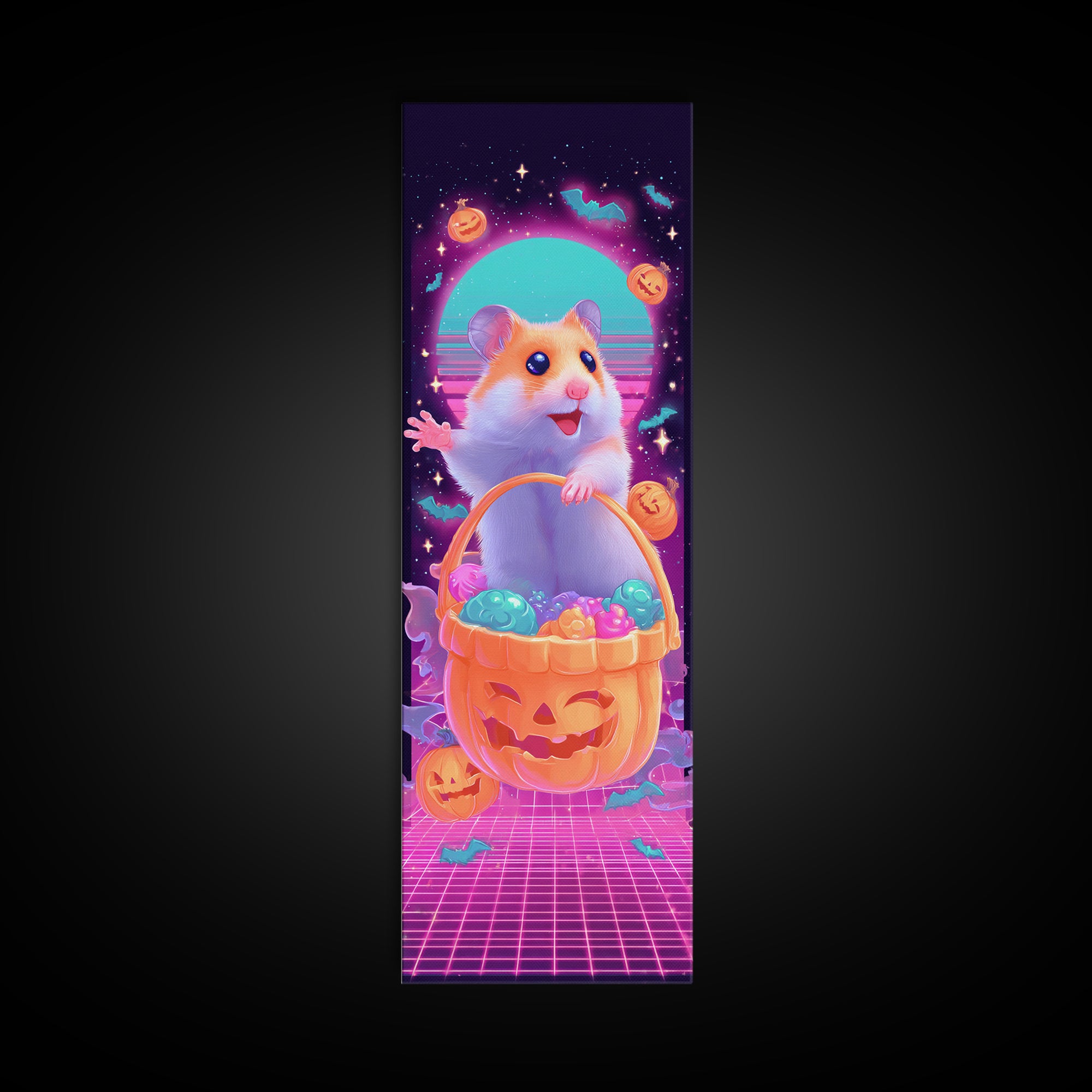 The Pumpkin Hamster, Synthwave Halloween Art, Tall Narrow Wall Art, Framed Canvas Print, Retro Halloween Decor, Neon Wall Art