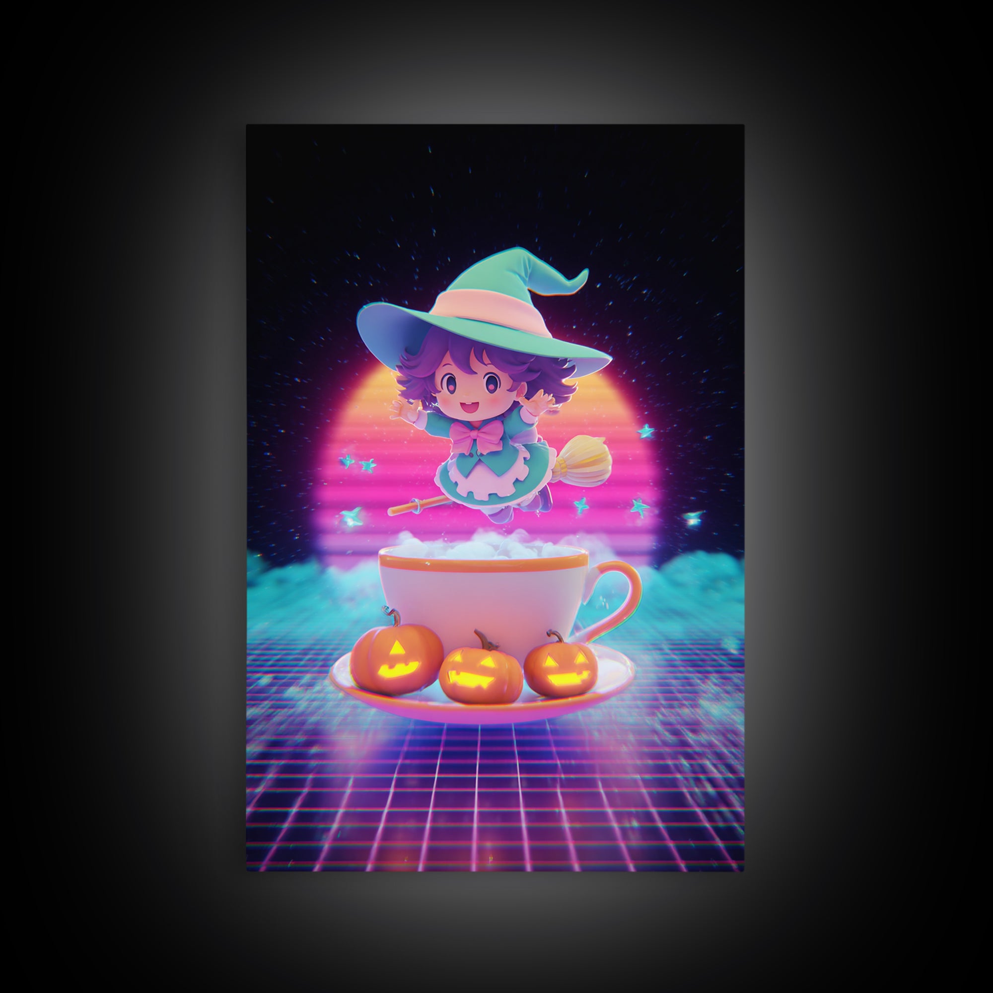 The Teacup Witch, Cute Spooky Neon Art, Vertical Wall Art, Framed Canvas Print, Retro Halloween Decor, Neon Wall Art, Seasonal Home Decor