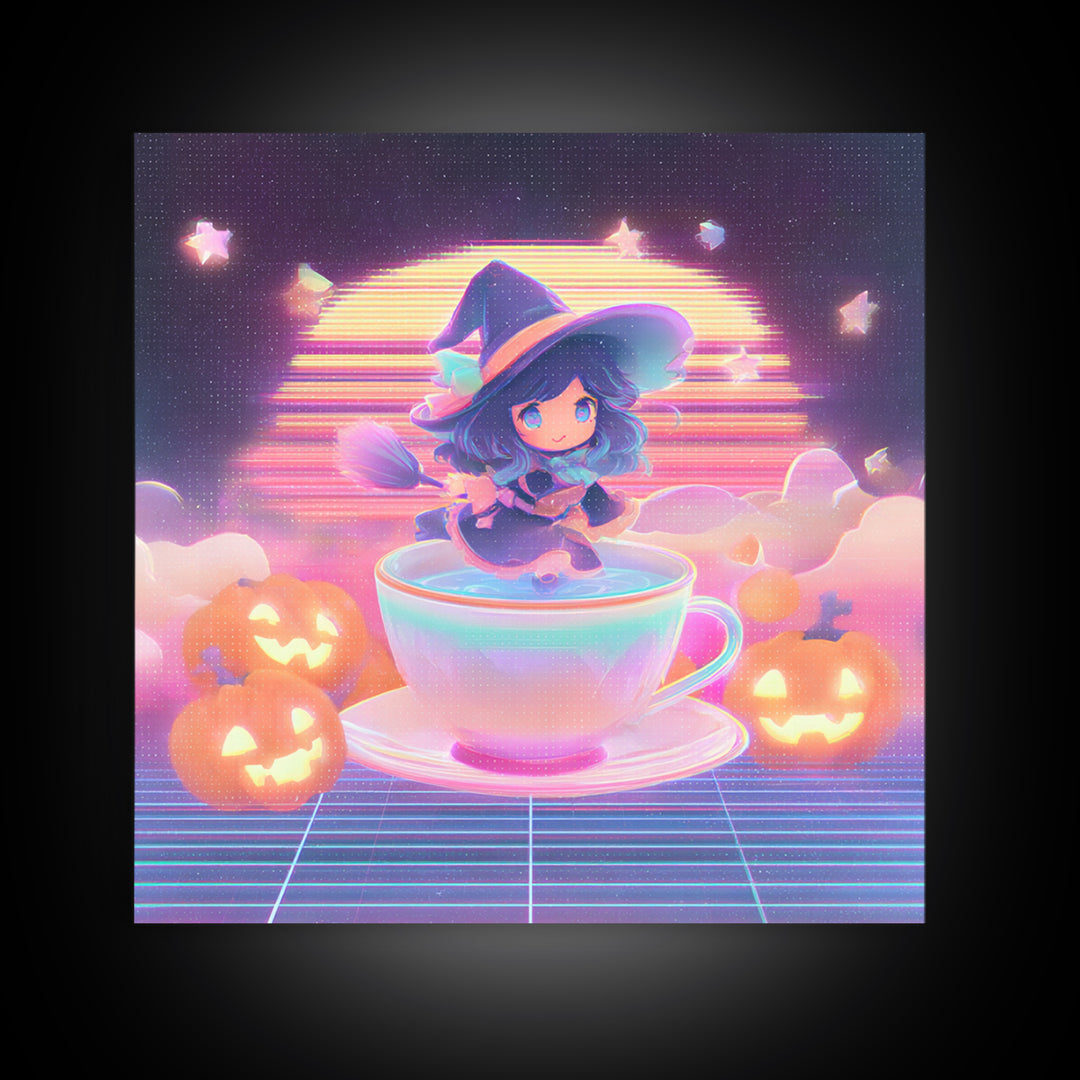 The Teacup Witch, Retro Neon Halloween Art, Square Wall Art, Framed Canvas Print, Retro Halloween Decor, Neon Wall Art