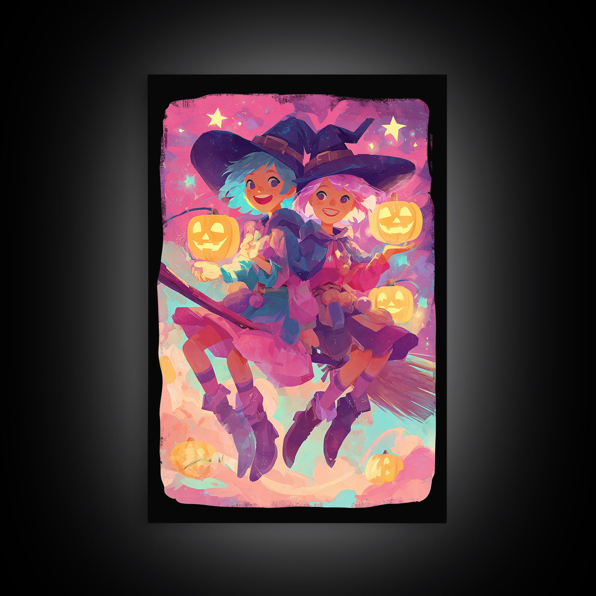 The Twin Broomstick Witches, 80s Halloween Wall Art, Vertical Wall Art, Framed Canvas Print, Retro Halloween Decor, Neon Wall Art