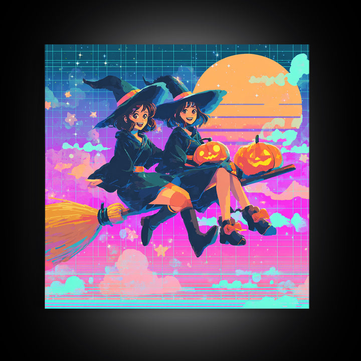 The Twin Broomstick Witches, Vaporwave Halloween Decor, Square Wall Art, Canvas Print, Retro Halloween Decor, Neon Wall Art