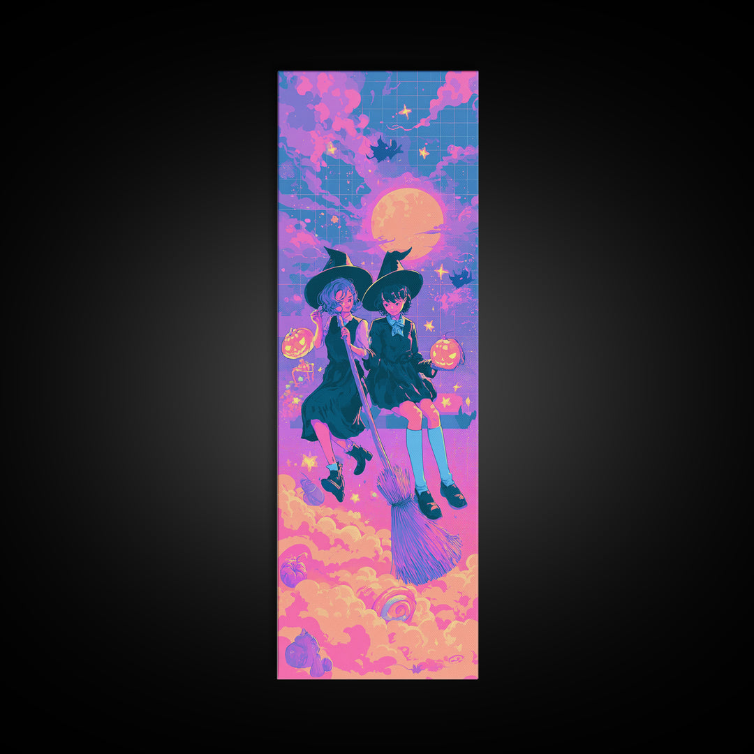 The Twin Broomstick Witches, Cute Spooky Neon Art, Tall Narrow Wall Art, Canvas Print, Retro Halloween Decor, Neon Wall Art