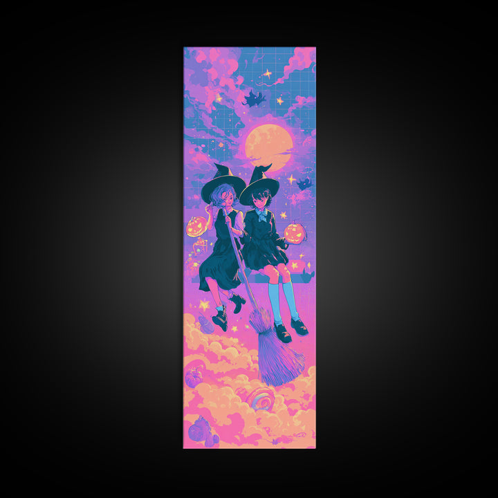 The Twin Broomstick Witches, Cute Spooky Neon Art, Tall Narrow Wall Art, Canvas Print, Retro Halloween Decor, Neon Wall Art