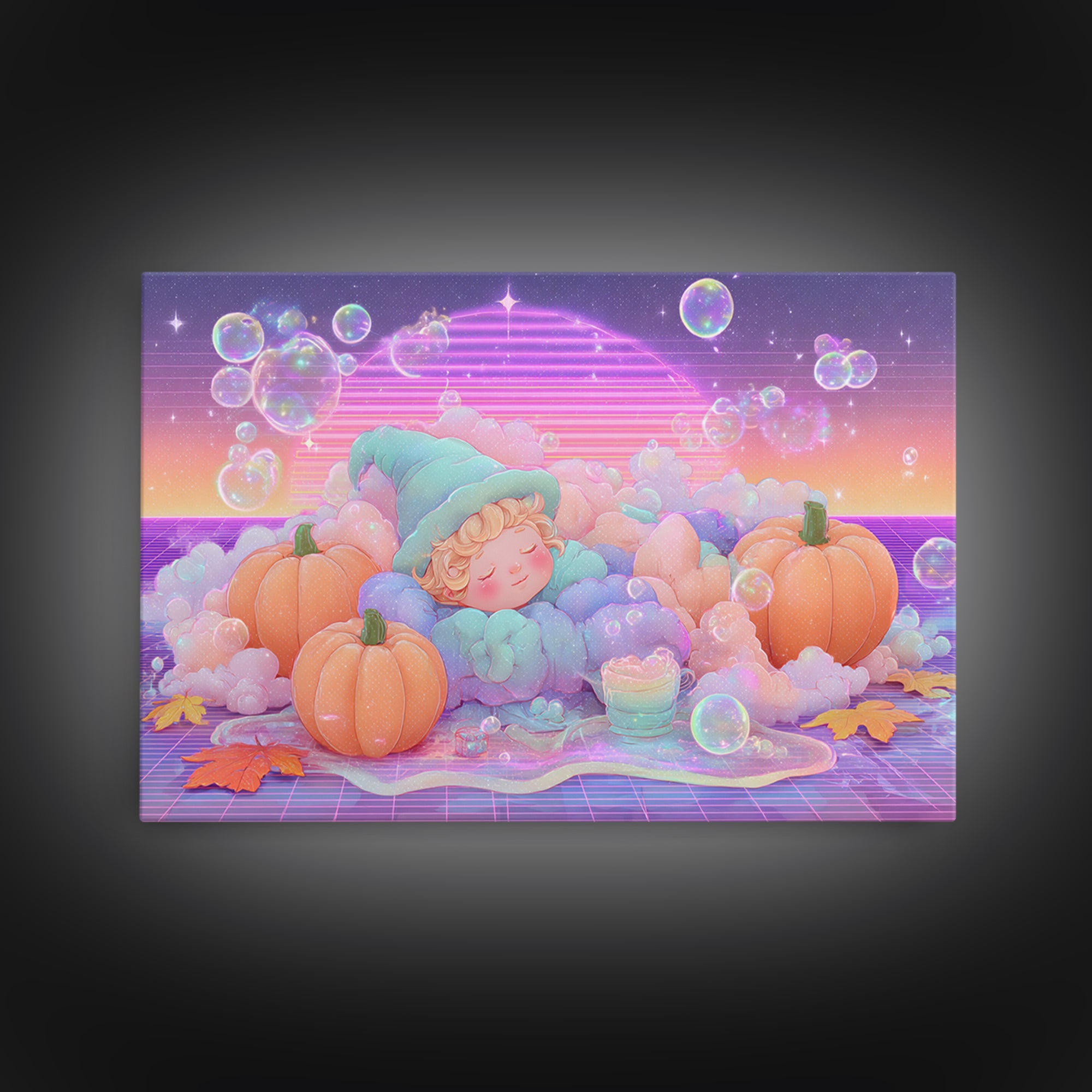 The Bubble Potion Apprentice, Synthwave Halloween Art, Landscape Wall Art, Canvas Print, Retro Halloween Decor, Neon Wall Art