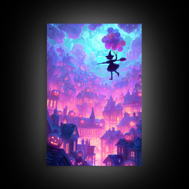 The Witch With A Balloon Broom, Cute Spooky Neon Art, Vertical Wall Art, Framed Canvas Print, Retro Halloween Decor, Neon Wall Art