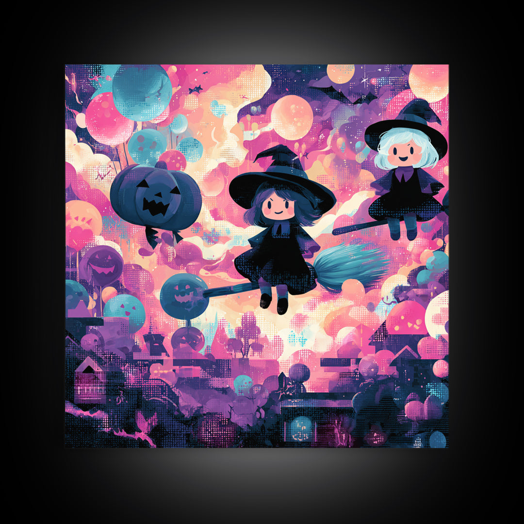 The Witch With A Balloon Broom, Synthwave Halloween Art, Square Wall Art, Canvas Print, Retro Halloween Decor, Neon Wall Art