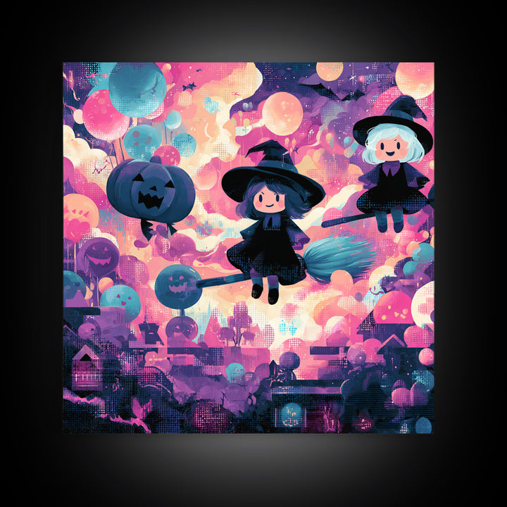 The Witch With A Balloon Broom, Synthwave Halloween Art, Square Wall Art, Canvas Print, Retro Halloween Decor, Neon Wall Art