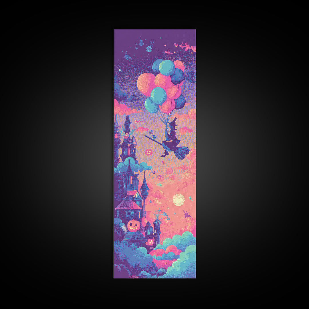 The Witch With A Balloon Broom, Vaporwave Halloween Decor, Tall Narrow Wall Art, Canvas Print, Retro Halloween Decor, Neon Wall Art
