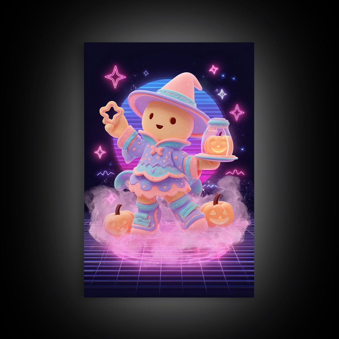 The Cookie Spellcaster, Cute Spooky Neon Art, Vertical Wall Art, Canvas Print, Retro Halloween Decor, Neon Wall Art, Collectible Wall Decor