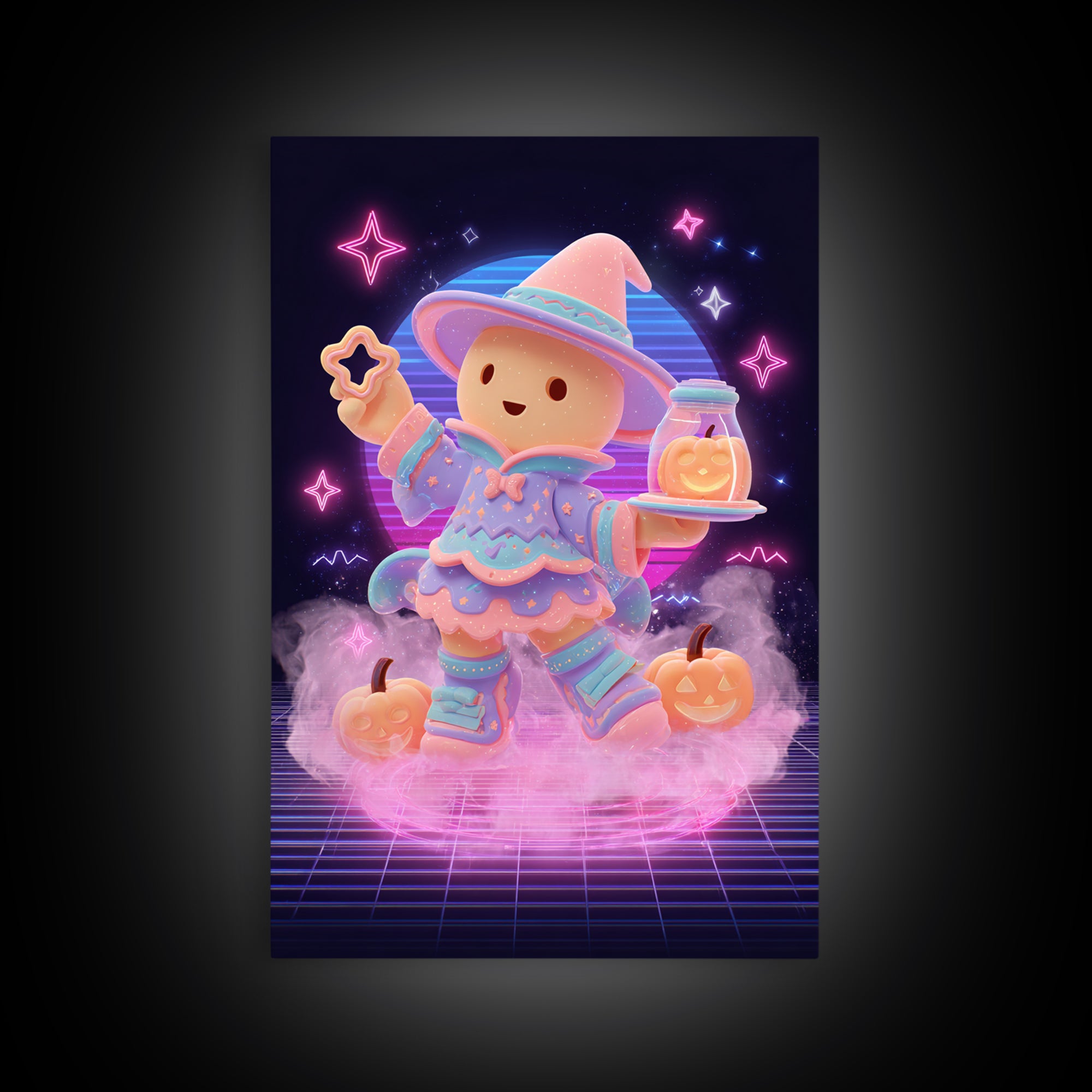 The Cookie Spellcaster, Cute Spooky Neon Art, Vertical Wall Art, Canvas Print, Retro Halloween Decor, Neon Wall Art, Collectible Wall Decor