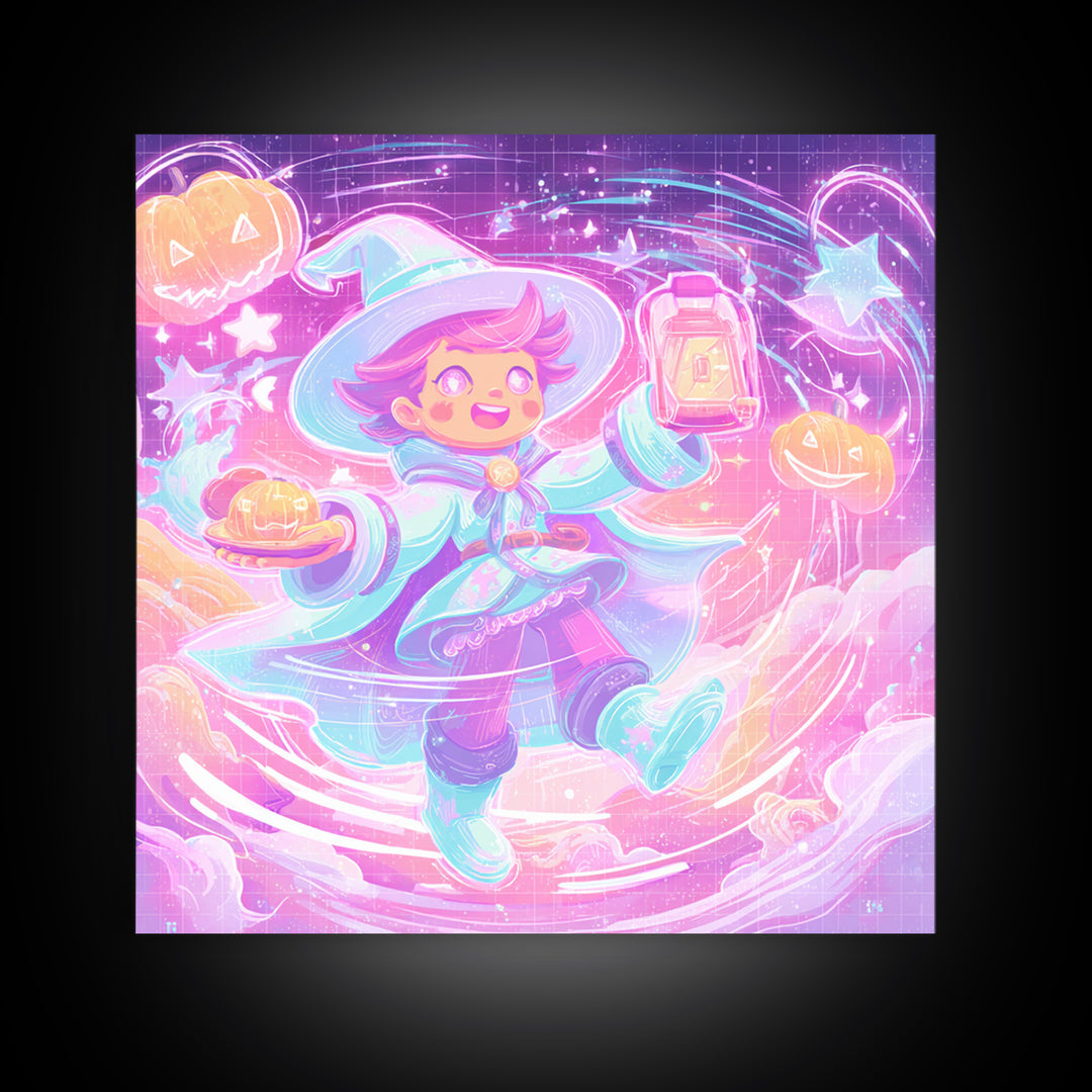 The Cookie Spellcaster, Cute Spooky Neon Art, Square Wall Art, Canvas Print, Retro Halloween Decor, Neon Wall Art, Collectible Wall Decor