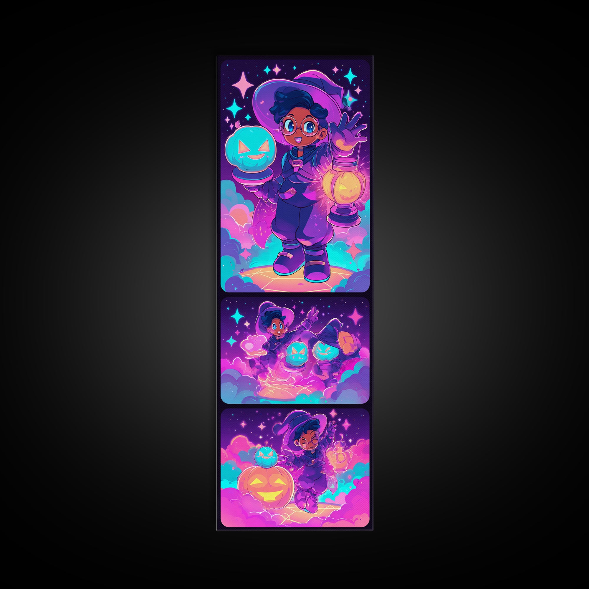 The Cookie Spellcaster, 80s Halloween Wall Art, Tall Narrow Wall Art, Framed Canvas Print, Retro Halloween Decor, Neon Wall Art