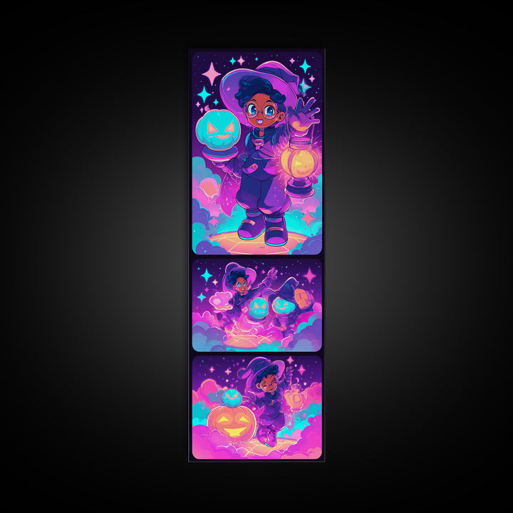 The Cookie Spellcaster, 80s Halloween Wall Art, Tall Narrow Wall Art, Framed Canvas Print, Retro Halloween Decor, Neon Wall Art