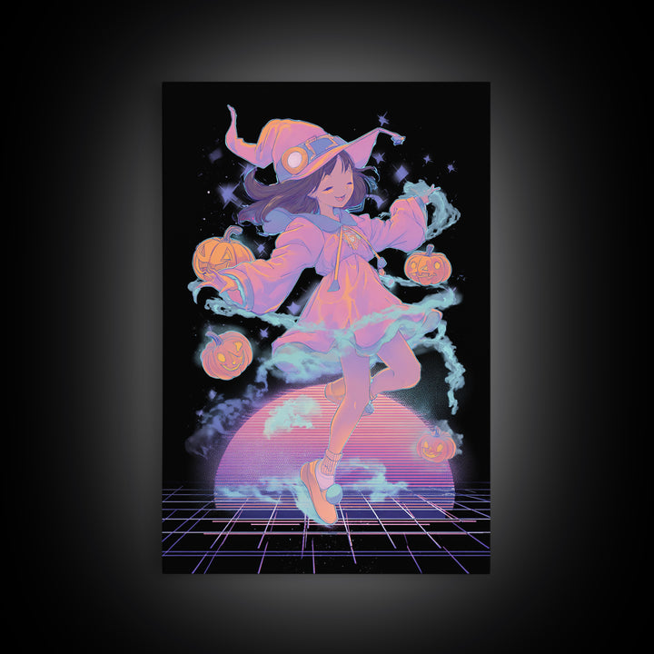 The Moonlight Pajama Witch, Vaporwave Halloween Decor, Vertical Wall Art, Canvas Print, Retro Halloween Decor, Neon Wall Art